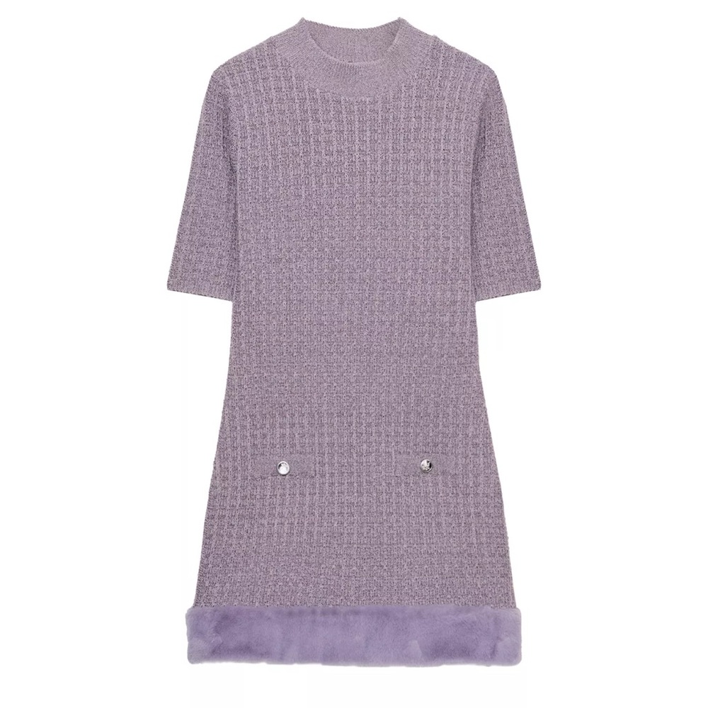 Zara Lavender Knit Dress with Faux Fur Trim